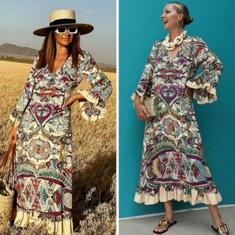 Zara Women’s S Boho Paisley Print Ruffle Sleeve Midi Dress Colorful